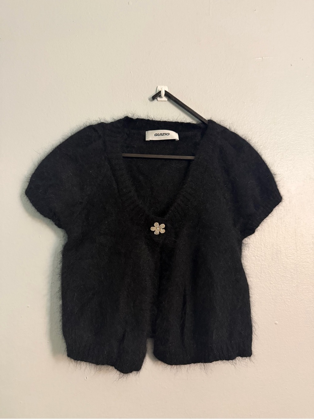 Guizio Cropped Angora Fuzzy Flower Rhinestone Single Closure Cardigan In Black
